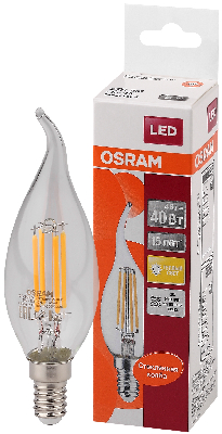 Лампа светодиодная LED 4Вт Е14 FILAMENT CLBA40, тепло-бел, прозр.свеча на ветру OSRAM