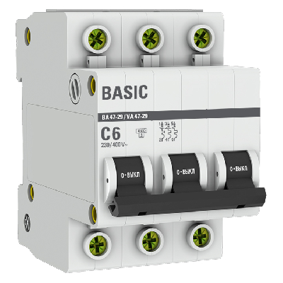 Выключатель автоматический трехполюсный 6А С ВА47-29 4.5кА