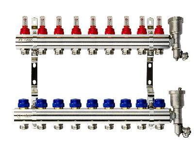 Коллекторная группа FHF-9RF set 9 контуров 1' х 3/4' с расходомерами, воздухоотводчиками и кронштейнами